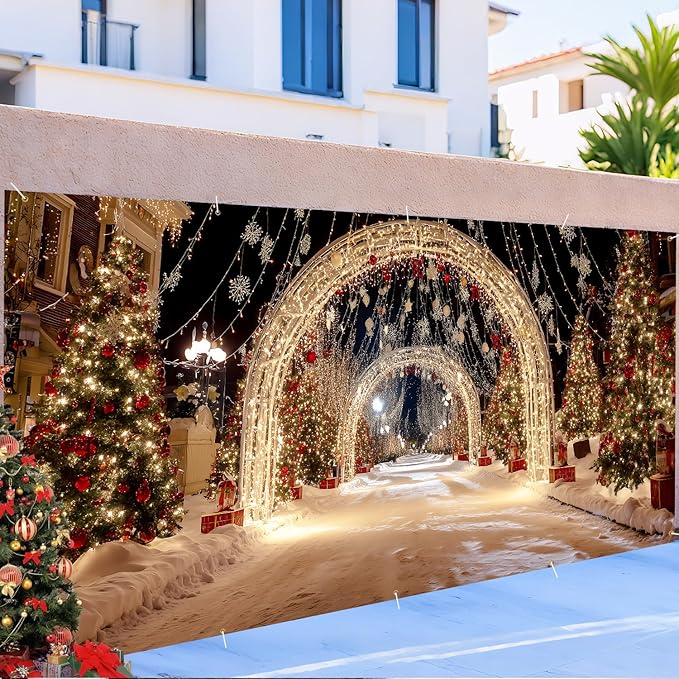 Christmas Light Tunnel Garage Door Banner 7x16FT, Night Street Xmas Cover for Outdoor Holiday Driveway & Party Decorations