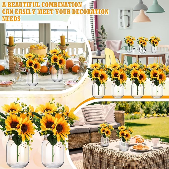 XunYee 10 Set Mason Jar Table Centerpiece with Flower Mason Jar Flower Centerpiece Vases Decor for Engagement Party Bridal Shower Centerpieces Wedding Reception Table Decor(Sunflower)