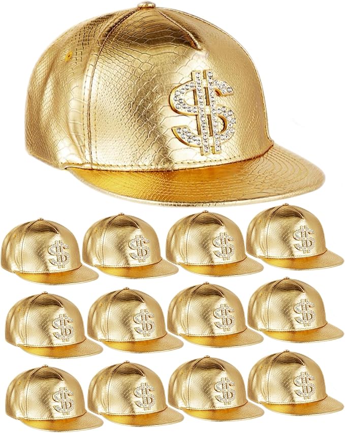 Xtinmee 12 Pcs Gold Hip Hop Hats Bulk 80s 90s Hat with Dollar Sign Hip Hop Birthday Party Decorations Flat Brimmed Rock Cap