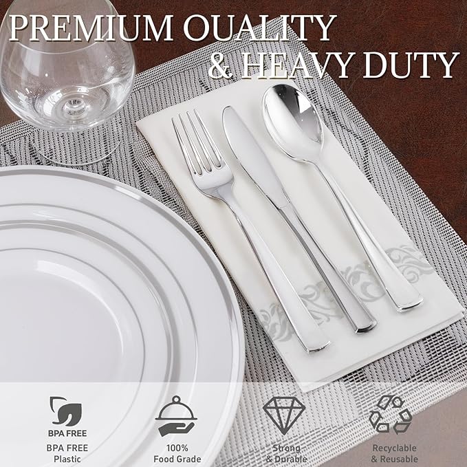 Supernal 200pcs Silver Plastic Dinnerware Sets for 25 Guests included Silver Silverware Set & Plastic Plates heavy duty Disposable Cups and Paper Napkins Disposable for Party Birthday and Wedding