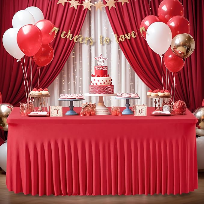 2 Packs Red Table Clothes for 8 Foot Rectangle Tables, Wrinkle Resistant Stretch Spandex Table Covers Fitted Tablecloth with Skirt for Valentines Event Banquet Wedding Birthday Party
