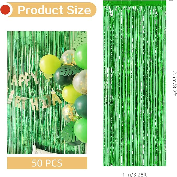 Green Foil Fringe Curtains 50 Pack 3.2ft x 8.2ft Fringe Backdrop Curtains Metallic Tinsel Streamer Photo Backdrop for Birthday Party Decorations Halloween Christmas Party Supply (Green)