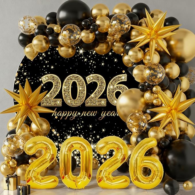 YongFoto 2026 Happy New Year Round Backdrop Cover 6.5ft Gold Black Photography Background Merry Christmas Xmas Eve New Year's Night Festival Carnival Family Celebration Party Banquet Decor Banner
