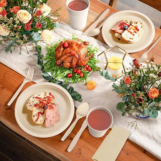 Gezond 400pcs Compostable Paper Plates Set Eco-friendly Heavy-duty Disposable Paper Plates Cutlery Includes Biodegradable Plate, Forks, Knives, Spoons, Cups and Straws for Wedding Party