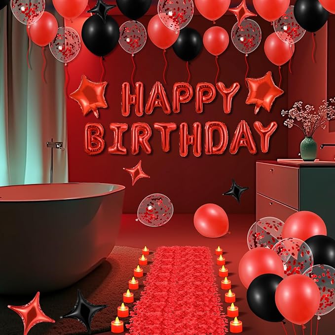 Red Happy Birthday Balloons Decorations Red and Black Birthday Balloon Letters Banner with 6 Pcs Star Balloons Red Artificial Rose Petals 24 Flameless LED Candles for Red Birthday Party Supplies