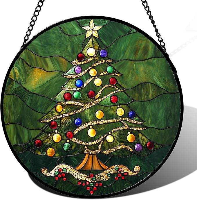 Stained Glass Window Hanging - Green Christmas Tree with Colorful Lights Suncatcher for Doors Home Christmas Decoration Sun Catcher Thanksgiving New Year Birthday Gifts for Women Men Mom Nana 11.8 in