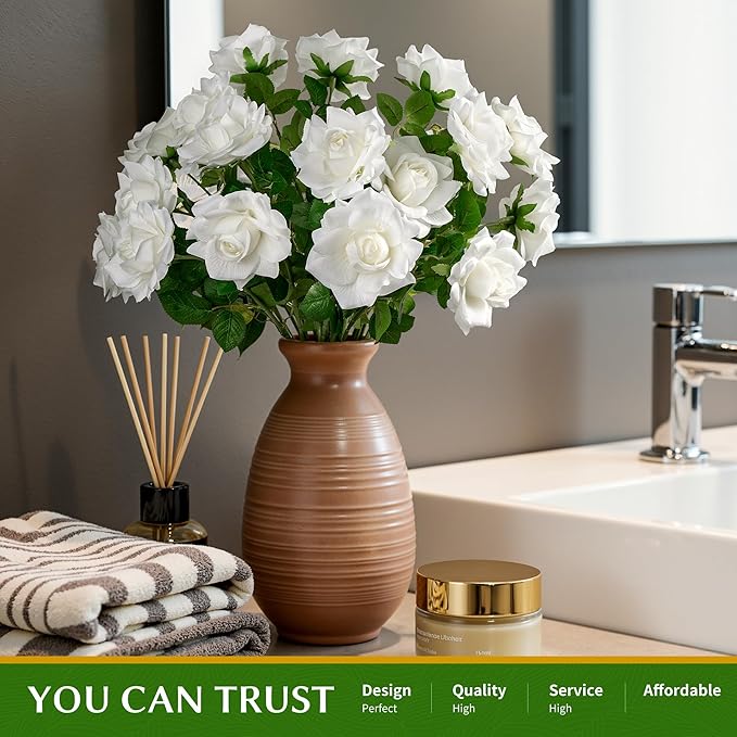 Artificial Flowers Artificial Roses Fake Roses 23.2In Long Stem Artificial Flowers for Tall Vase Silk Rose 20PCS Suitable for Wedding Party Decor Valentine's Day DIY Bouquet Spring,White