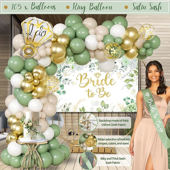 215 PC Bridal Shower Decorations Olive Sage Green - Bridal Shower Balloon Boxes with A-Z Letters & Bridal Balloon Arch Kit & Bride to Be Balloon for Bridal, Bachelorette, Engagement or Wedding