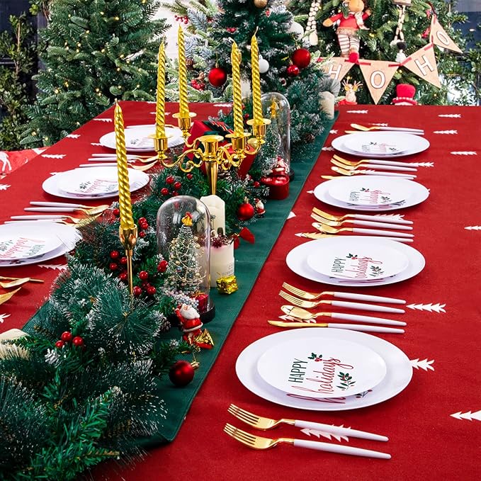 Supernal 150pcs Christmas Plastic Plates Disposable Holiday Plates,Christmas Dinnerware with Xmas Plate,White and Gold Plastic Silverware, Disposable Party Plate with "Happy Holiday"