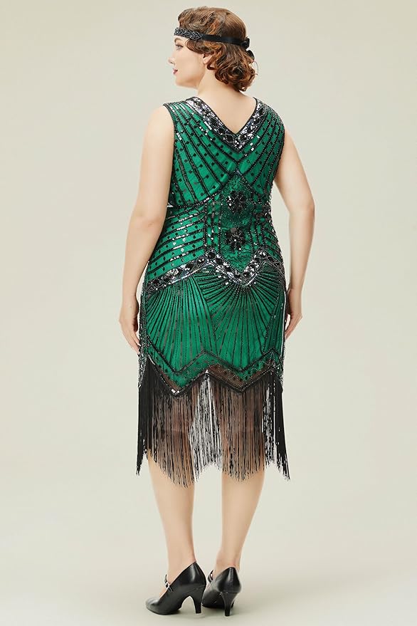 BABEYOND Women's Plus Size Flapper Dresses 1920s V Neck Beaded Fringed Great Gatsby Dress