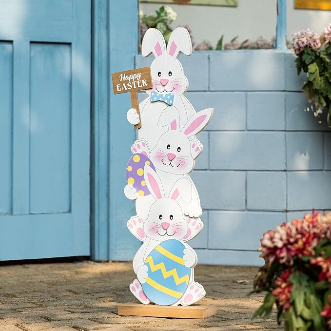 Glitzhome 30''H Easter Wooden Bunny Porch Decor, Standing Bunny Sign Decoration for Home or Yard