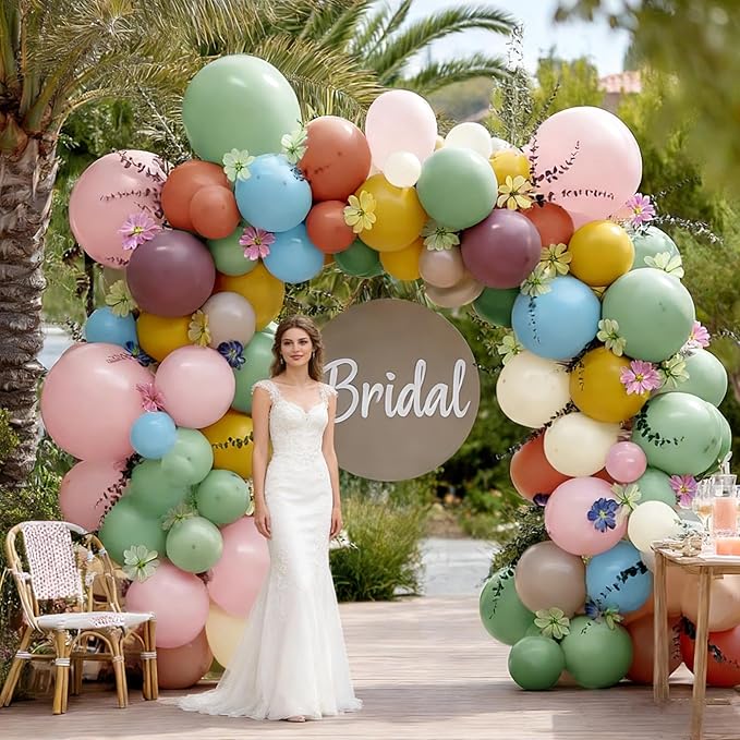 Blue Green Pink Balloon Arch Double Stuffed, Pastel Green Purple Yellow Beige Balloons Cosmos Kelsang Flowers for Baby Shower Birthday Bridal Gender Reveal Floral Easter Tea Party Decorations
