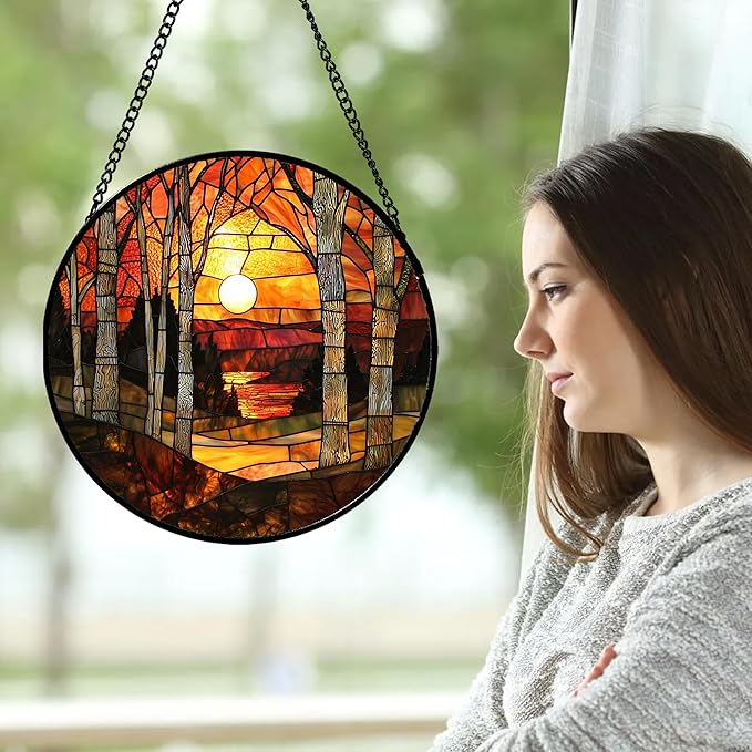 Stained Glass Window Hanging, Orange Red Landscape Forest Lake Moon Suncatcher for Doors Window Home Sun Catchers Decor Mother's Day Birthday Gifts for Women Men Mom 9.8 in