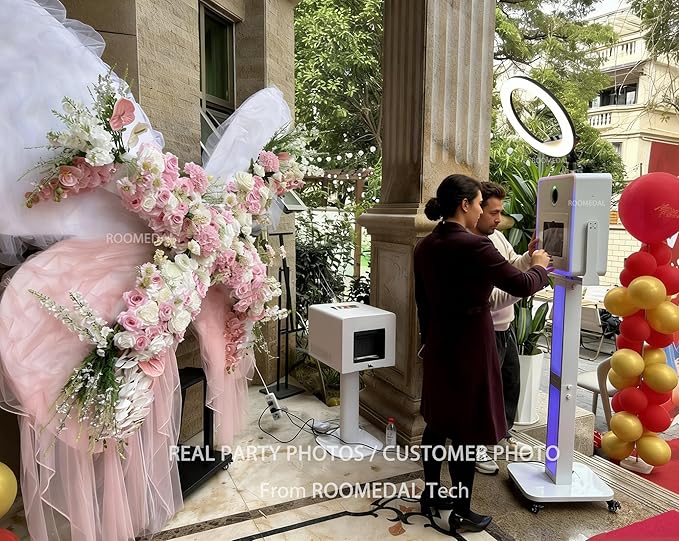 Photo Booth for iPad 10.2" 10.9" 11" 12.9" & Camera,2-in-1 Selfie Station Shell Stand Camera Photobooth Machine,App Control RGB Fill Light,for Parties,Rental Business (White + Honeycomb Box)