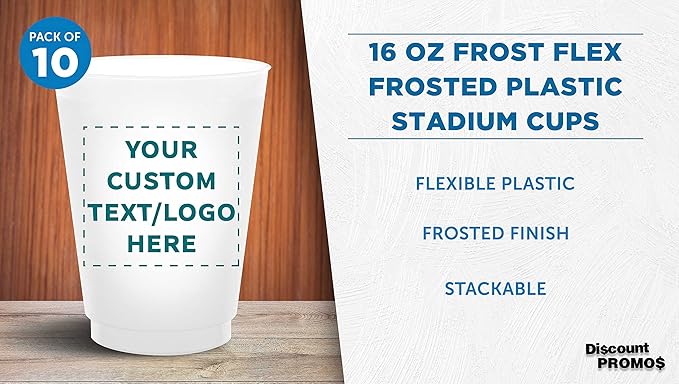 DISCOUNT PROMOS Custom Frosted Plastic Stadium Cups, 10 pack, Promotional Text, Logo, 16 oz. Shatterproof Flexible Reusable Party Cups, Pearl White
