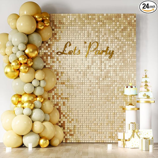 COKAOBE Champagne Gold Shimmer Wall Backdrop 24PCS Gold Sequins Backdrop Decoration Panels, Photo Backdrops for Birthday, Anniversary Wedding Engagement Decoration (Champagne Gold)