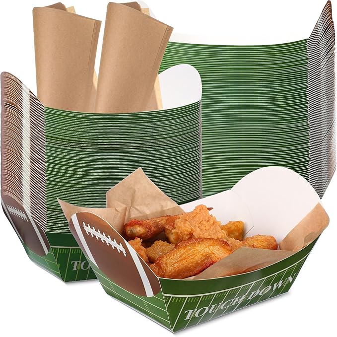 200 Pcs Football Party Decorations, 5 lb 100 Football Paper Food Trays Disposable Serving Trays Boats with 100 Grease Resistant Liner Papers for Birthday Party Supplies Sport Game Event Favors