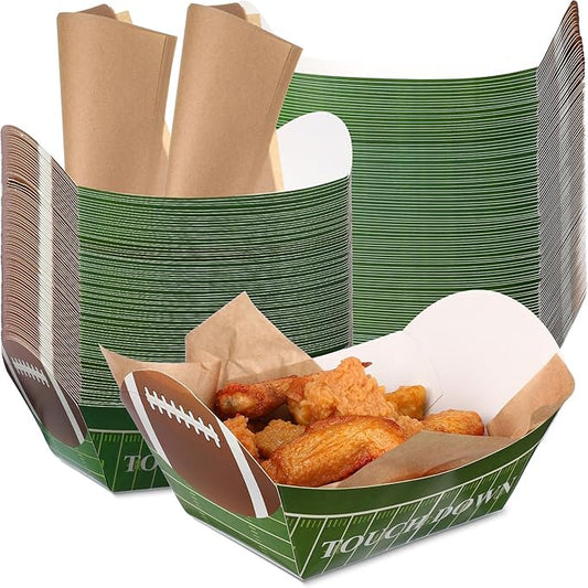200 Pcs Football Party Decorations, 5 lb 100 Football Paper Food Trays Disposable Serving Trays Boats with 100 Grease Resistant Liner Papers for Birthday Party Supplies Sport Game Event Favors