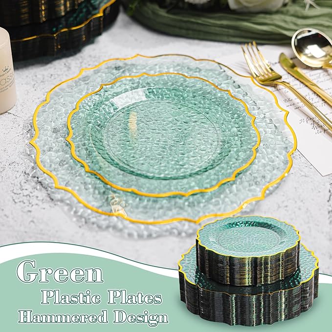 100 PCS Green Stone Texture Plastic Plates, Disposable Plates with Gold Rim, Heavy-duty Clear Plastic Plate Include 10" Dinner and 7" Salad Plate for Party and Wedding