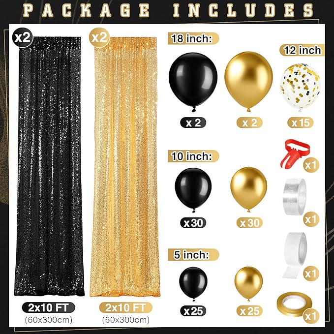 137 Pcs Black Gold Party Backdrop Kits - 4 Sequin Backdrop Curtain 133 Balloon Garland Kit Photo Prop Background for Graduation Birthday Anniversary Weeding Party Decoration