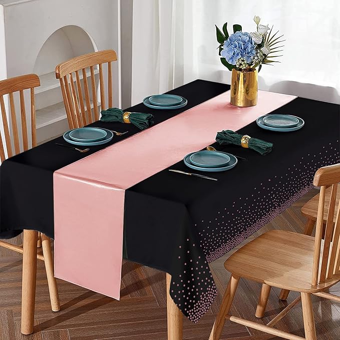 24Pack Disposable Plastic Tablecloth and Satin Table Runner Black and Rose Gold Dot Tablecloth Rose Gold Satin Table Runner for Wedding Birthday Baby Shower Anniversary Christmas New Year Party Supply
