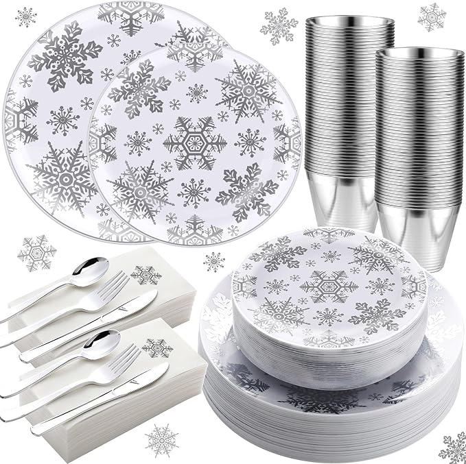 Sliner 350 Pcs Snowflake Frozen Birthday Party Supplies Disposable Tableware Set Include 7.5'' Plates 10.25'' Plates Napkins Cups Forks Knife Spoons for 50 Guests themed Holiday Party Decor(Silver)
