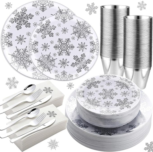 Sliner 350 Pcs Snowflake Frozen Birthday Party Supplies Disposable Tableware Set Include 7.5'' Plates 10.25'' Plates Napkins Cups Forks Knife Spoons for 50 Guests themed Holiday Party Decor(Silver)