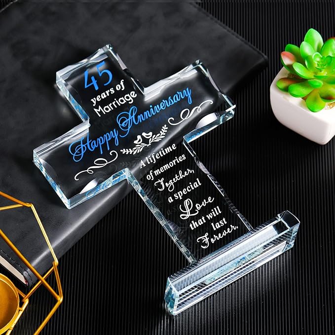 YWHL 45th Anniversary Glass Cross Gift for Parents, 45th Wedding Anniversary Romantic Gifts for Wife Husband, Gifts for Couple Celebrating 45 Years Of Marriage Decorations