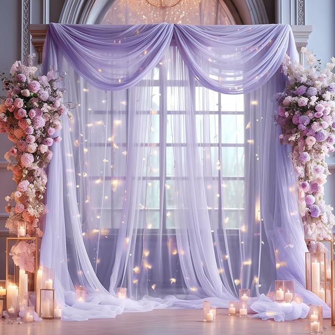 20x10ft Purple Tulle Backdrop Curtain with Lights String for Parites, Sheer Photo Backdrop Curtains with Lights for Wedding Backdrop Ceremony Reception Bridal Shower Baby Shower Birthday Party