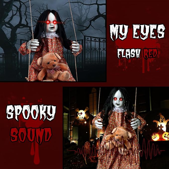 3.75 Ft Halloween Decorations Animatronics Hanging Swinging Girl with Creepy Sound/Light Up Eyes/Scary Expression, Creepy Doll Hanging Ghosts Haunted House Holiday Decor Prop for Indoor Outdoor