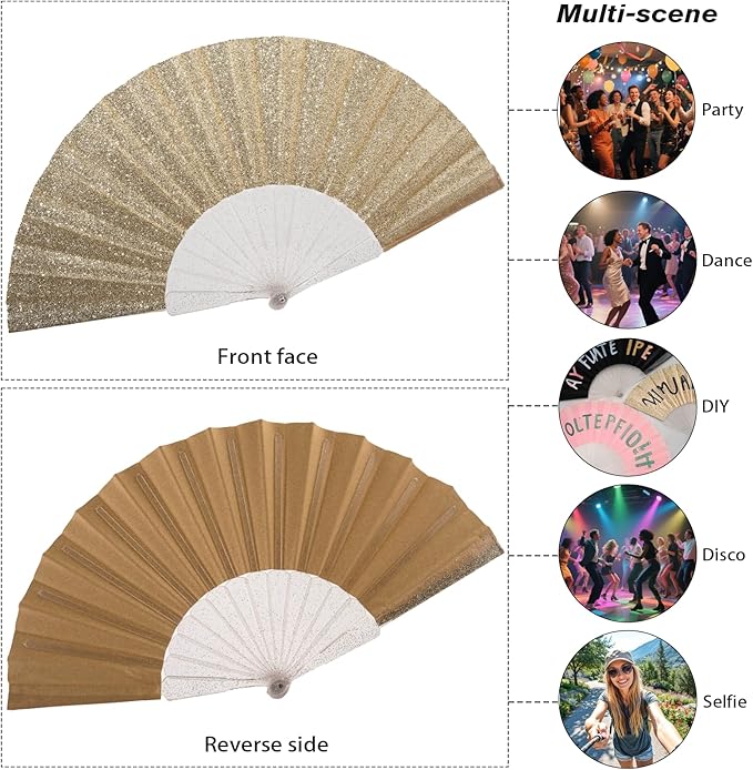 48 Pack Handheld Fan,Folding Hand Glitter Fan with Shining Transparent Fan Rib – Ideal for Wedding, Church, Festival, Dance, Tea Party, Club, and EDM Accessories, Light Gold