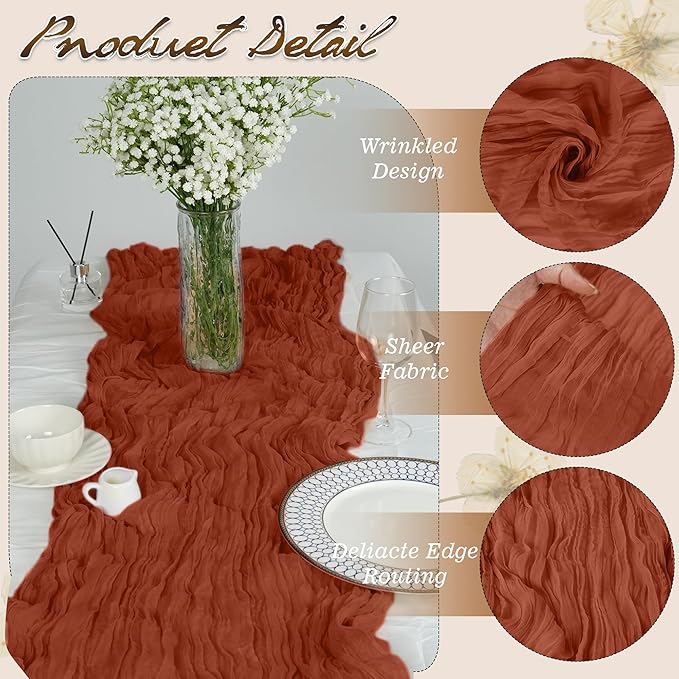 16Packs Red Cheesecloth Table Runners – Boho Gauze Vintage Table Decor, 120 Inch Long Rustic Cloth Runner for Wedding, Bridal Shower, Birthday, Romantic Party 10Ft (Terracotta, 24" x 120"-16Packs)