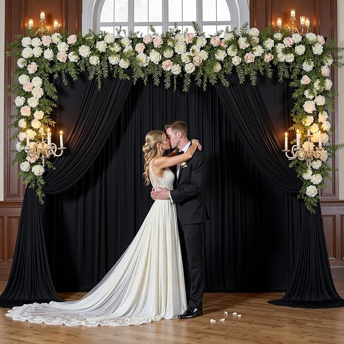 gogoparti 30x15 ft Black Backdrop Curtain for Weddings & Parties - 6-Panel Wrinkle-Free Polyester Drape, 15 FT Long for Birthday, Baby Shower, Halloween Photography Background