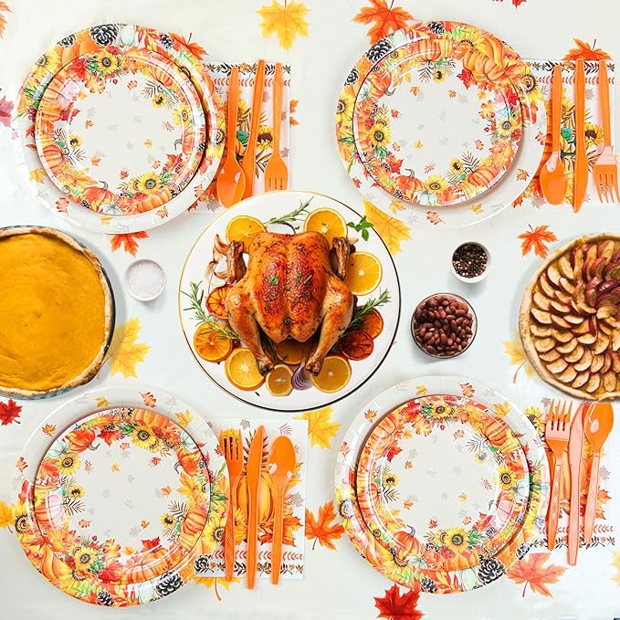 194Pcs Thanksgiving Disposable Dinnerware Tableware,Thanksgiving Paper Plates and Napkins Sets-Fall Thanksgivings Party Supplies with Tablecloth & Banner & Cups for Fall Party Decor, Serves 24