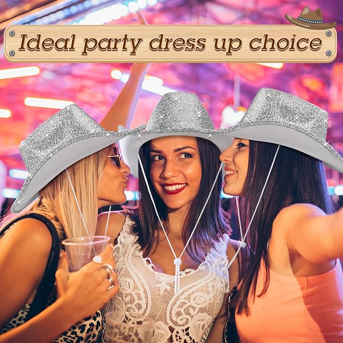 Coume 12 Pcs Sparkly Adults Cowboy Hat and Bandanas Women Men Western Glitter Cowgirl Party Hats with Adjustable Drawstring