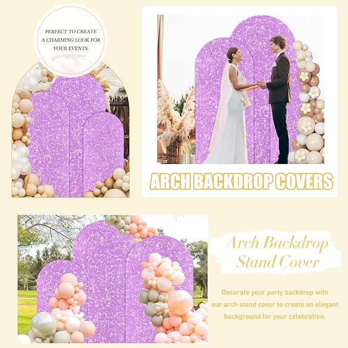 FUHSY Wedding Arch Stand Cover Lavender Set of 3 Arch Cover 4ft 5ft 6ft Spandex Sequin Arches Backdrop Covers Lilac Chiara Backdrop Stand Cover Shimmer Party Arch for Birthday Decor