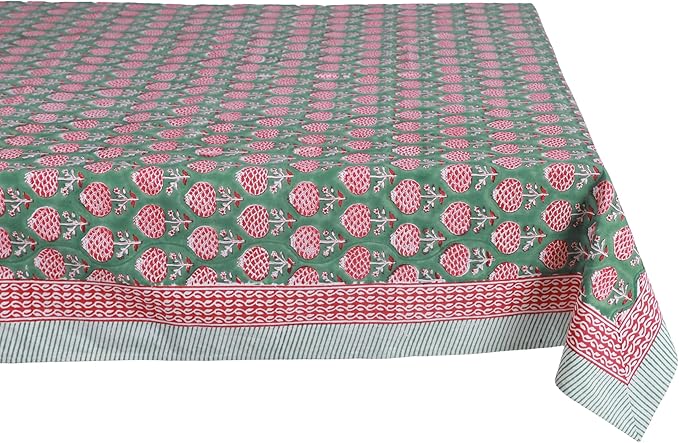 ATOSII Roma Green 100% Cotton Rectangle Spring Summer Tablecloth, Handblock Floral Table Cloth Linen for Kitchen Dining I Parties Wedding Outdoors Easter Picnics Holidays I 72 X 120 Inches I 10 Seater