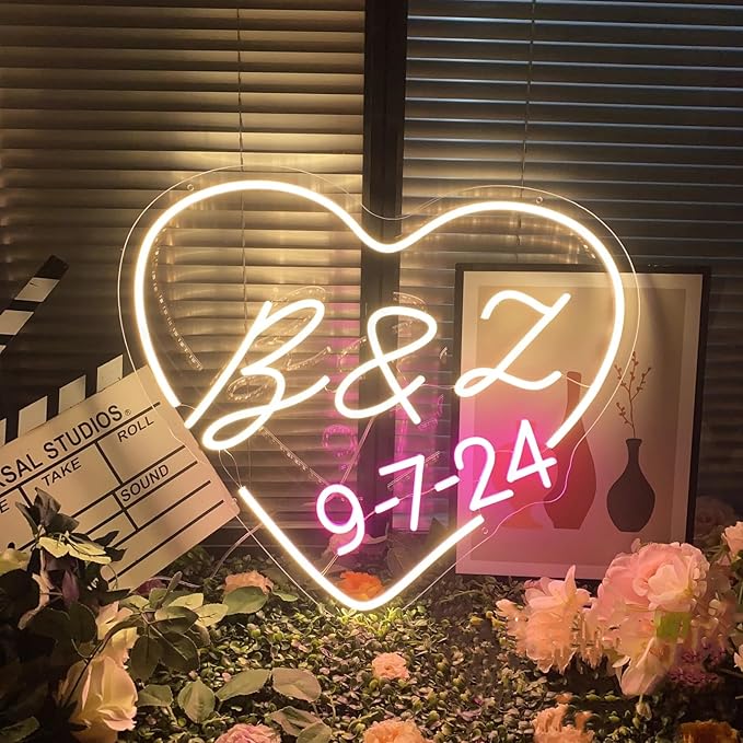 Custom Initials Name With Date Neon Sign Wedding Heart LED Neon Light Customizable Wedding Engagement Party Backdrop Wall Decor Personalized Gifts