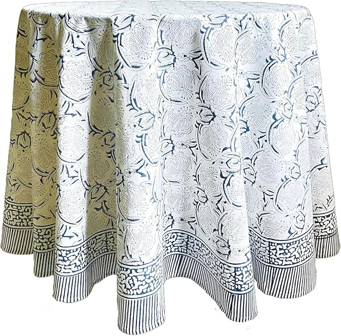 ATOSII Santorini 100% Cotton Round Tablecloth, Handblock Print Floral Table Cloth for Kitchen Dining Linen I Parties, Weddings, Outdoors, Spring Summer Decor I 60" Inches Round
