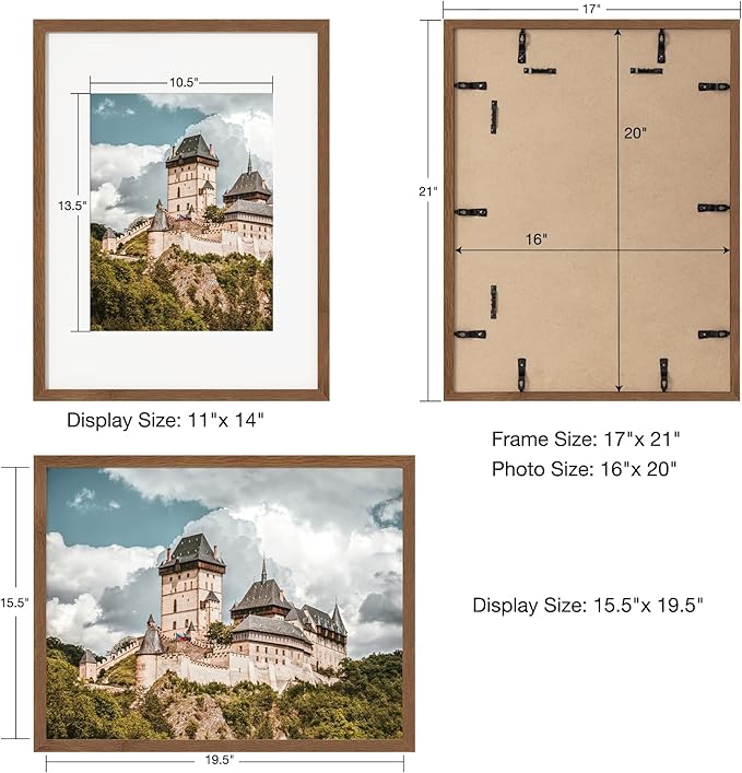 Axeman 16x20 Picture Frame with Mat for 11x14,Solid Oak Wood Poster Frame with Tempered Glass for Home Decor, Wooden 16x20inch Photo Frame for Art Photo and Prints, Wall Hook Included, Oak 3 PCs