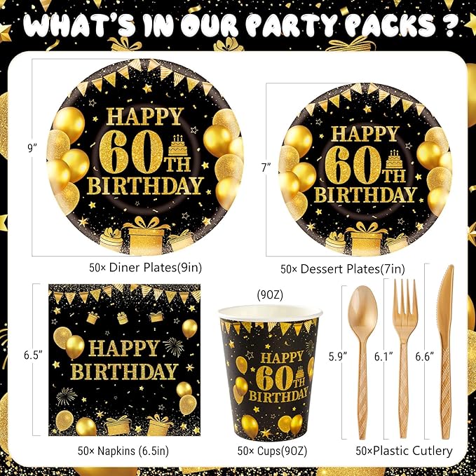 350PCS 60th Birthday Party Decorations for 50 Guests Black and Gold Party Supplies Include Disposable Paper Plates, Napkins, Cups, and Tableware