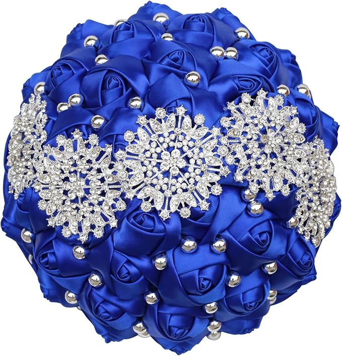 Royal Blue Bridal Wedding Bouquet with Bling Rhinestone Pearl for Bride Bridesmaid Quinceanera Satin Rose Flower Brooch Bouquet Wedding Royal Blue 7.1in