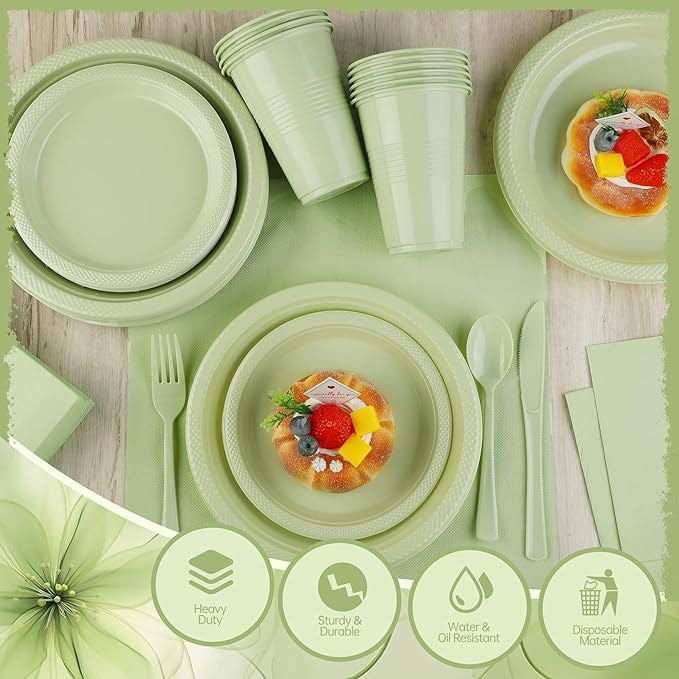 Kochorie 480 Pieces Sage Green Plastic Dinnerware Set Disposable Heavy Duty Plates Napkins Cups Silverware Dessert Dinner Plates for Birthday Wedding Baby Shower Party Supplies, Serves 60 Guests