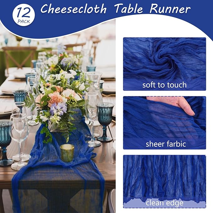 12 Pack 10Ft Cheesecloth Table Runner 35x120 Inch Boho Gauze Table Runner Rustic Cheese Cloth Long Romantic Table Runners for Wedding Bridal Shower Birthday Party Table Decor (Royal Blue)