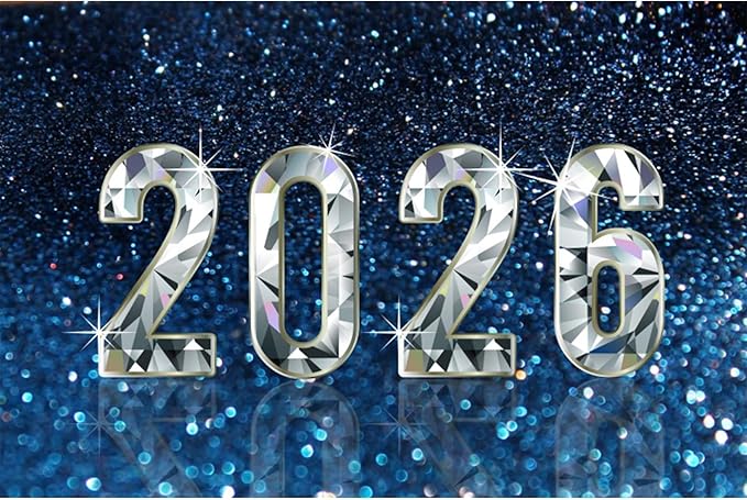 YongFoto 2026 Happy New Year Backdrop 12x10ft Diamond Sparkle Blue Photography Background Christmas Night Festival Carnival Celebration Party Banquet Decor Banner Photoshoot Wallpaper Photo Booth