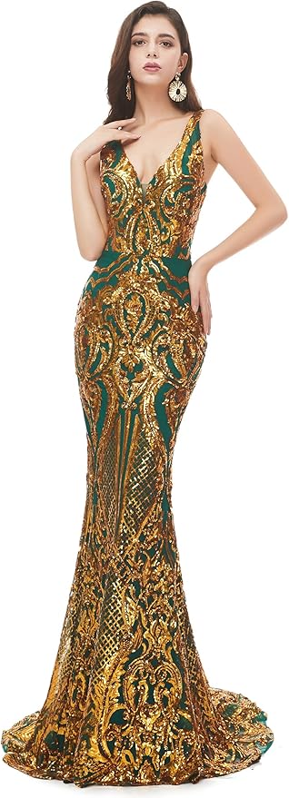 Women's Double V-Neck Sequins Lace-up Mermaid Evening Dress