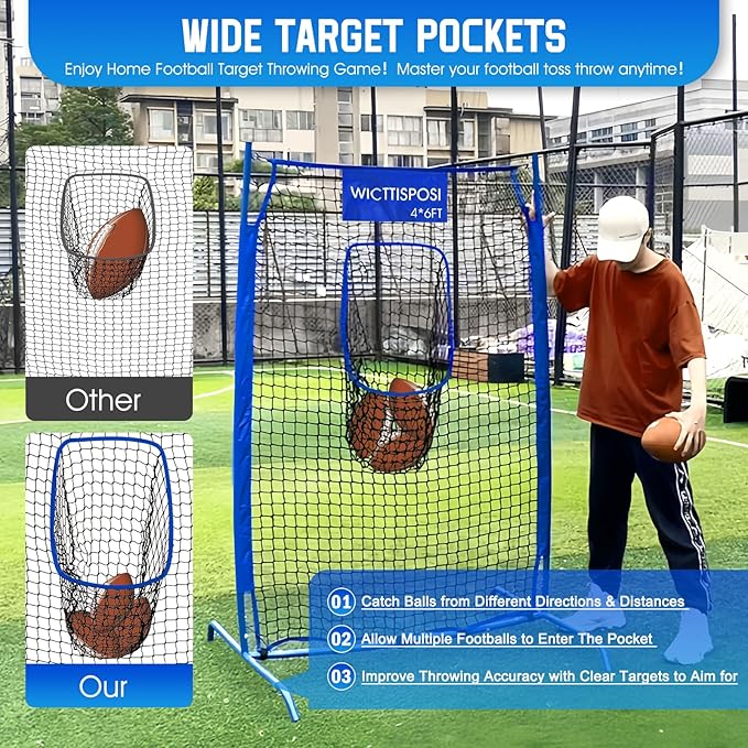 Football Throwing Net, Upgrade Heavy Duty Metal Frame Quarterback Training Equipment Throwing Machine with 1-4 Targets, Easy Setup Football Target Practice with CarryBag, Allweather Indoor Outdoor Use