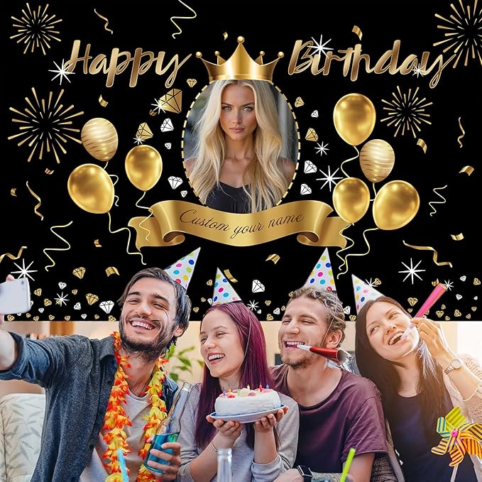 AUBAO Custom Black Gold Crown Happy Birthday Banner Backdrop Personalized Happy Birthday Golden Balloon Diamond Backgroud Party Indoor Outdoor Car Decoration Supplies for Man Women (5x7.5ft)