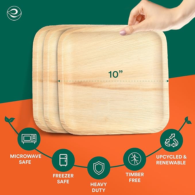 ECO SOUL 10 Inch Palm Leaf Disposable Bamboo Plates Food Safe [50 Count] Wooden Square Compostable & Biodegradable Heavy Duty Party Plates for Dinner, Weddings, Parties & Events