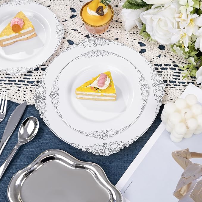 YOUBET 600PCS Silver Plastic Plates - White and Silver Disposable Plates - Silvery Plastic Dinnerware Set - Include 200 Plates, 300 Heavy Duty Silverware, 100 Cups for Wedding & Party